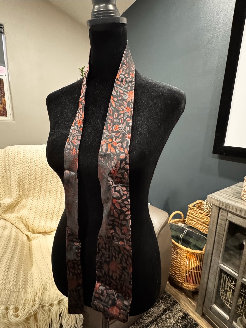 Brooks Brothers Black and Rust Floral Jacquard Skinny Scarf Tie